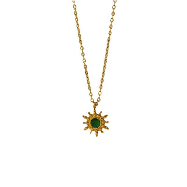 French retro turquoise emerald pendant stainless steel necklace