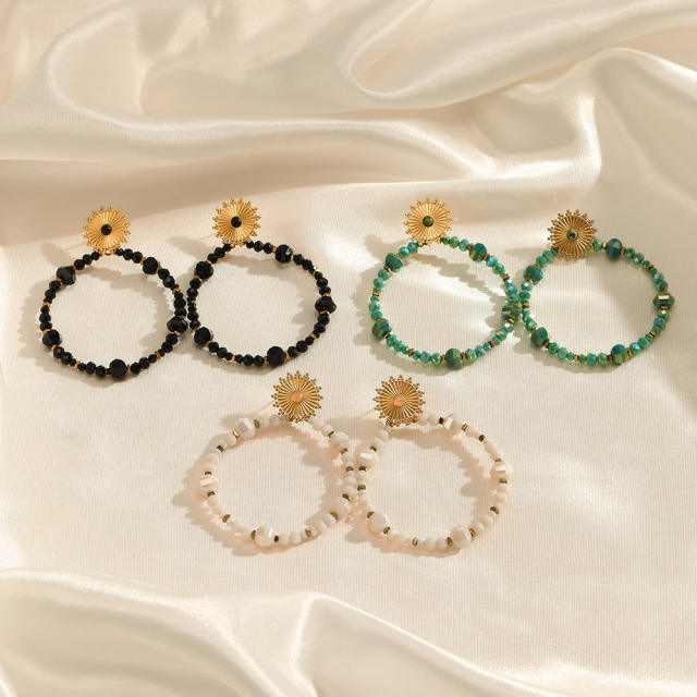 Handmade crystal bead circle stainless steel earrings Bohemian National earrings for women
