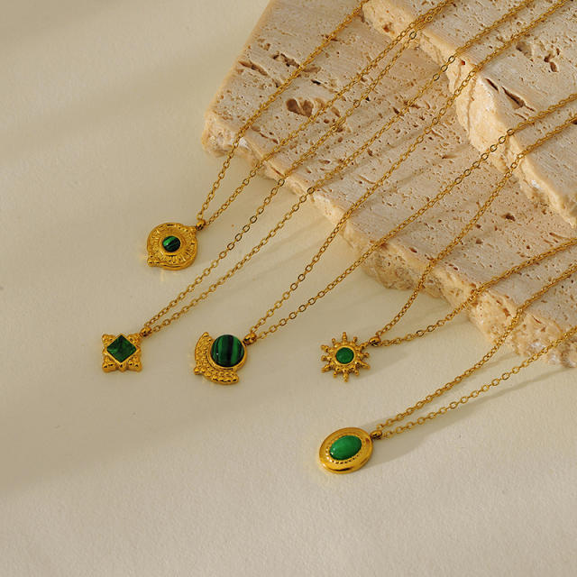 French retro turquoise emerald pendant stainless steel necklace