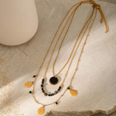 Double Layer Obsidian Natural Stone Water Drop Pendant stainless steel Necklace