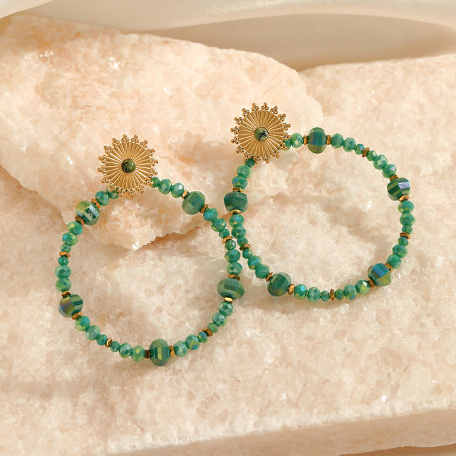 Handmade crystal bead circle stainless steel earrings Bohemian National earrings for women