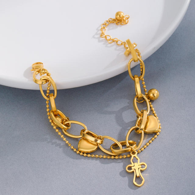 14K gold plated double layer cross heart charm stainless steel bracelet