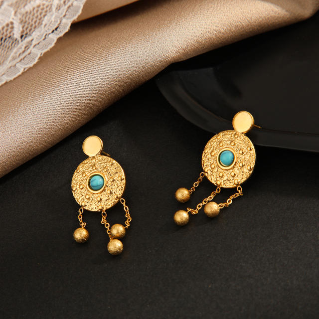 Turquoise earrings women boho round knock pattern chain tassel stainless steel earrings