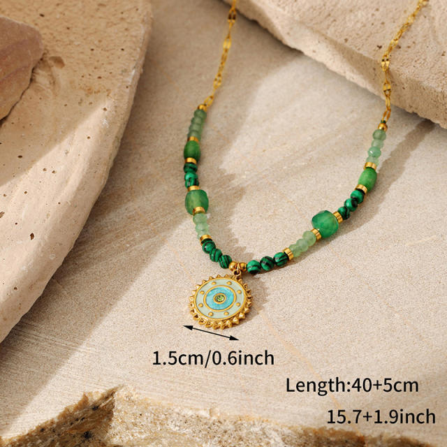 French vintage turquoise natural stone beaded necklace stainless steel pendant necklace