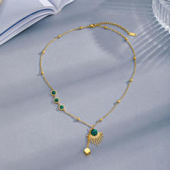 Malachite Inlaid Fan pendant stainless steel Necklace