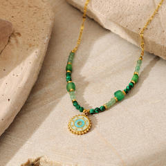 French vintage turquoise natural stone beaded necklace stainless steel pendant necklace
