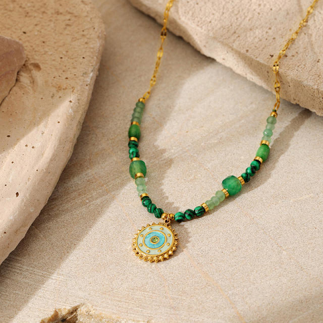 French vintage turquoise natural stone beaded necklace stainless steel pendant necklace