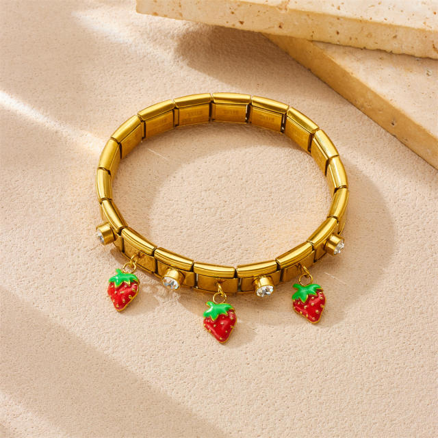 Three-Dimensional Strawberry enamel charm stainless steel bracelet bangle