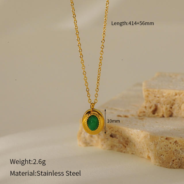 French retro turquoise emerald pendant stainless steel necklace