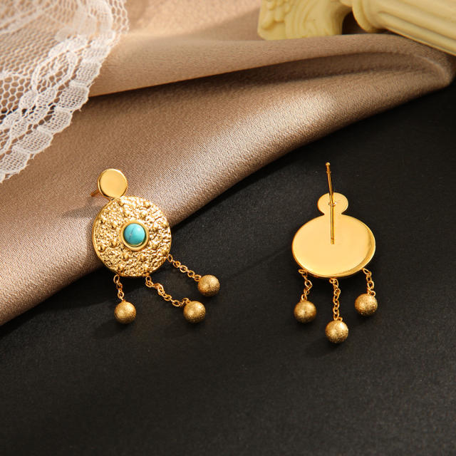 Turquoise earrings women boho round knock pattern chain tassel stainless steel earrings