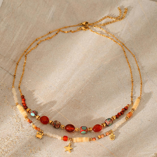 Color Natural Stone Beaded Crab Turtle Pendant stainless steel necklace