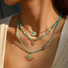 Natural Stone Triangle Embellished Eye Pendant green beaded Necklace