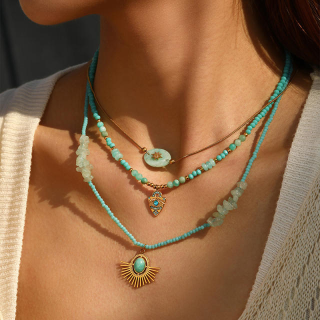 Natural Stone Triangle Embellished Eye Pendant green beaded Necklace