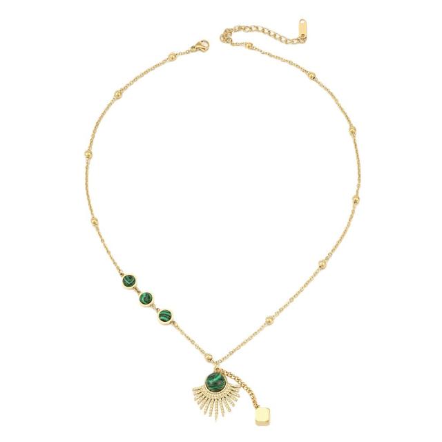 Malachite Inlaid Fan pendant stainless steel Necklace