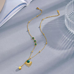 Malachite Inlaid Fan pendant stainless steel Necklace