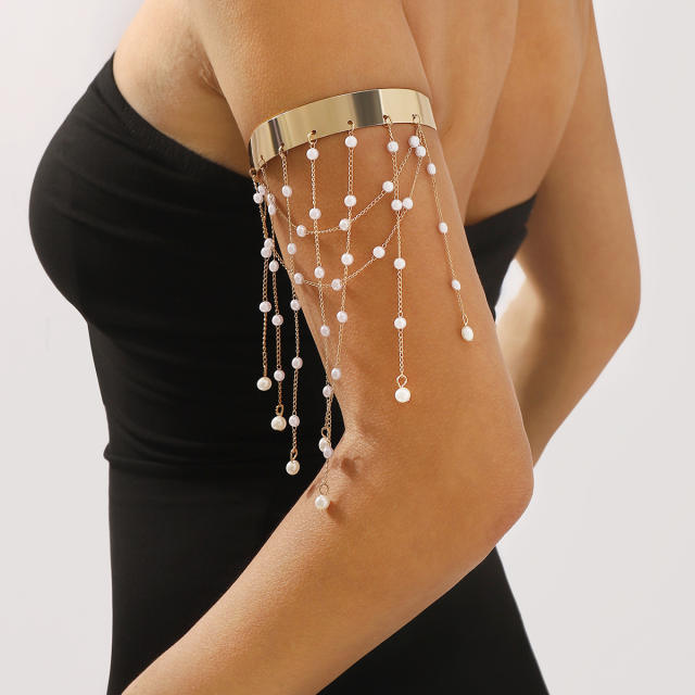 Elegant imitation pearl bead chain tassel metal arm bangle