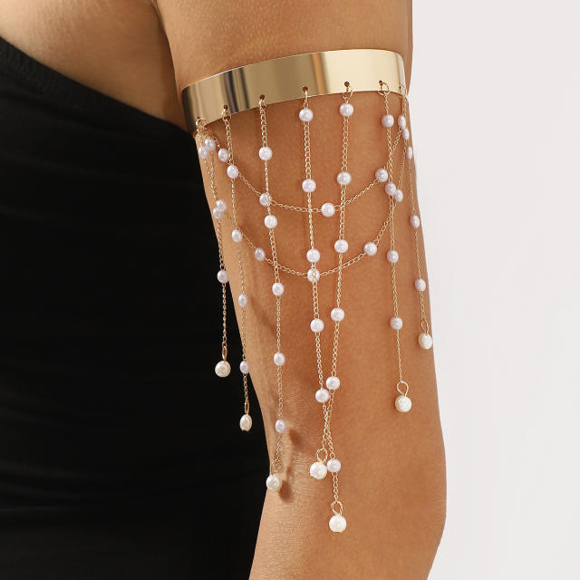 Elegant imitation pearl bead chain tassel metal arm bangle