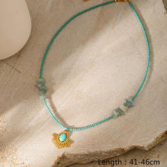 Natural Stone Triangle Embellished Eye Pendant green beaded Necklace