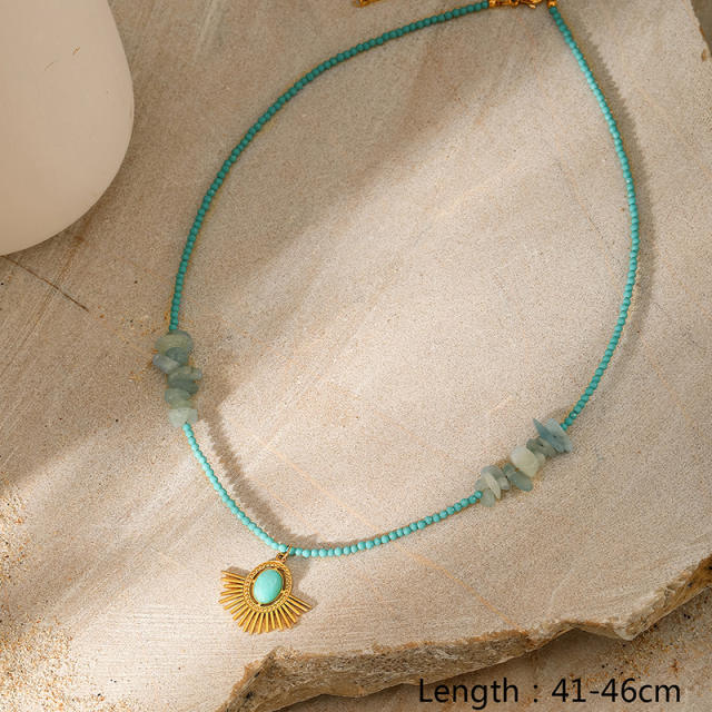 Natural Stone Triangle Embellished Eye Pendant green beaded Necklace