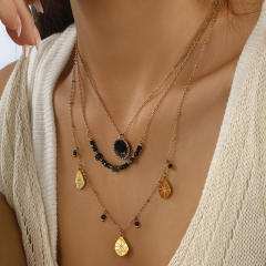 Double Layer Obsidian Natural Stone Water Drop Pendant stainless steel Necklace
