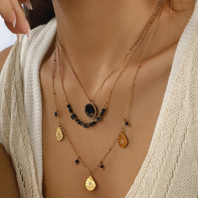 Double Layer Obsidian Natural Stone Water Drop Pendant stainless steel Necklace