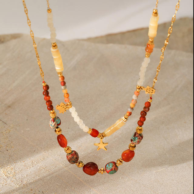 Color Natural Stone Beaded Crab Turtle Pendant stainless steel necklace
