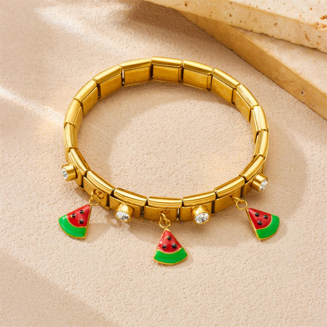 Summer Fruit Series enamel Diamond Watermelon charm stainless steel bangle bracelet