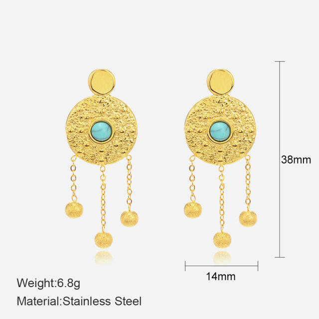 Turquoise earrings women boho round knock pattern chain tassel stainless steel earrings