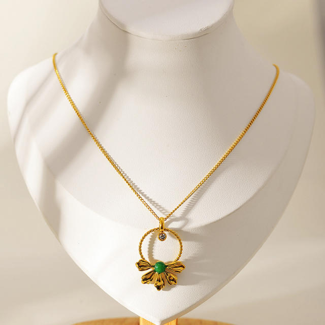 Clover Flower Natural Stone Zircon Pendant stainless steel Necklace