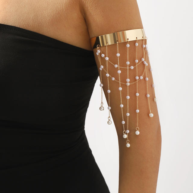 Elegant imitation pearl bead chain tassel metal arm bangle