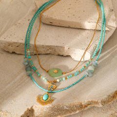 Natural Stone Triangle Embellished Eye Pendant green beaded Necklace