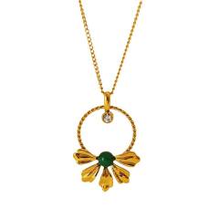 Clover Flower Natural Stone Zircon Pendant stainless steel Necklace