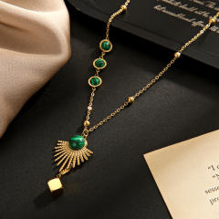 Malachite Inlaid Fan pendant stainless steel Necklace