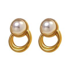 Elegant pearl inlaid geometric circle stainless steel earrings