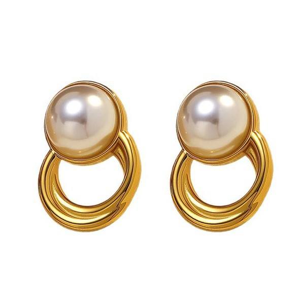 Elegant pearl inlaid geometric circle stainless steel earrings