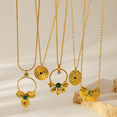Clover Flower Natural Stone Zircon Pendant stainless steel Necklace