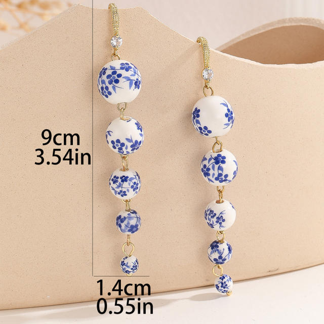 2025summer new blue white ceramics beads long earrings dangle earrings