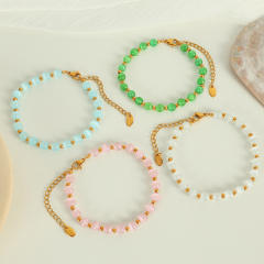 Colorful opal stone bead stainless steel bracelet