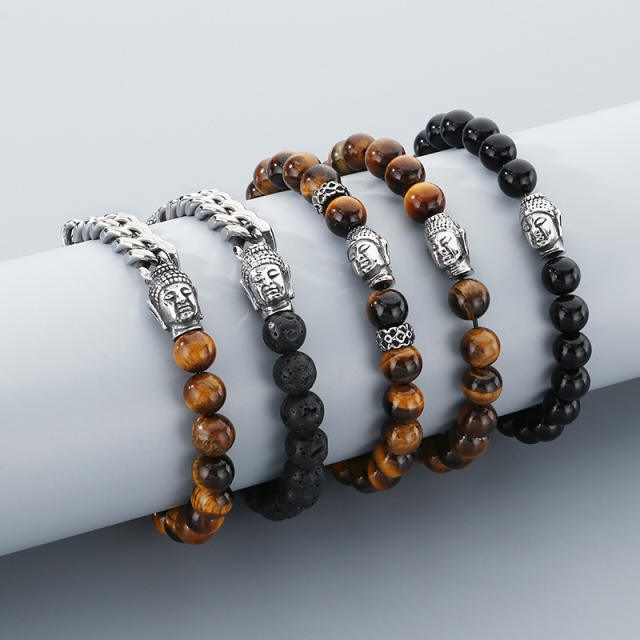 Men's Bracelet Volcanic Tiger Eye Stone Beaded Elastic Bracelet Buddha Head Bracelet
