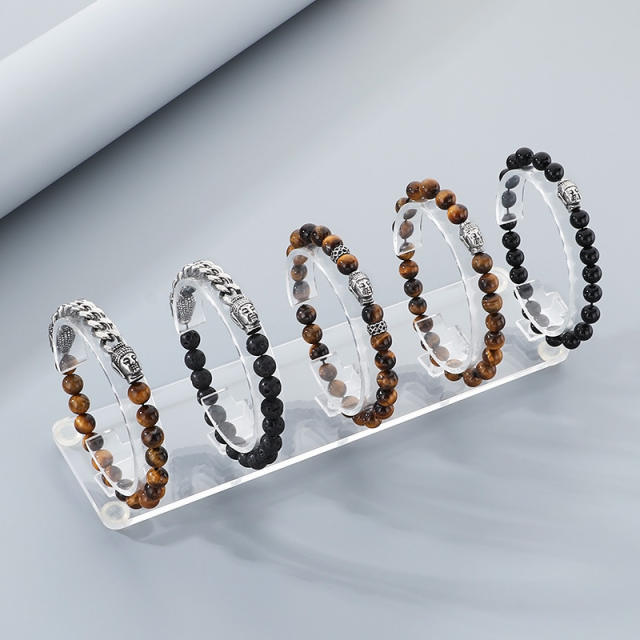 Men's Bracelet Volcanic Tiger Eye Stone Beaded Elastic Bracelet Buddha Head Bracelet