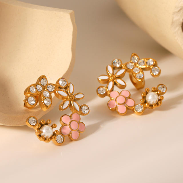 18K Gold Stainless Steel Butterfly Inlaid Zircon Pearl enamel earrings