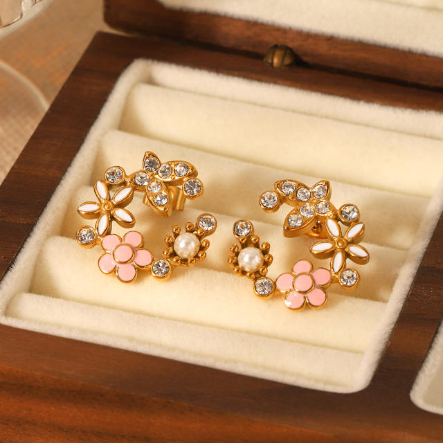 18K Gold Stainless Steel Butterfly Inlaid Zircon Pearl enamel earrings