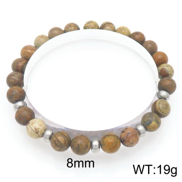 8mm natural stone bead stainless steel bead bracelet for men women