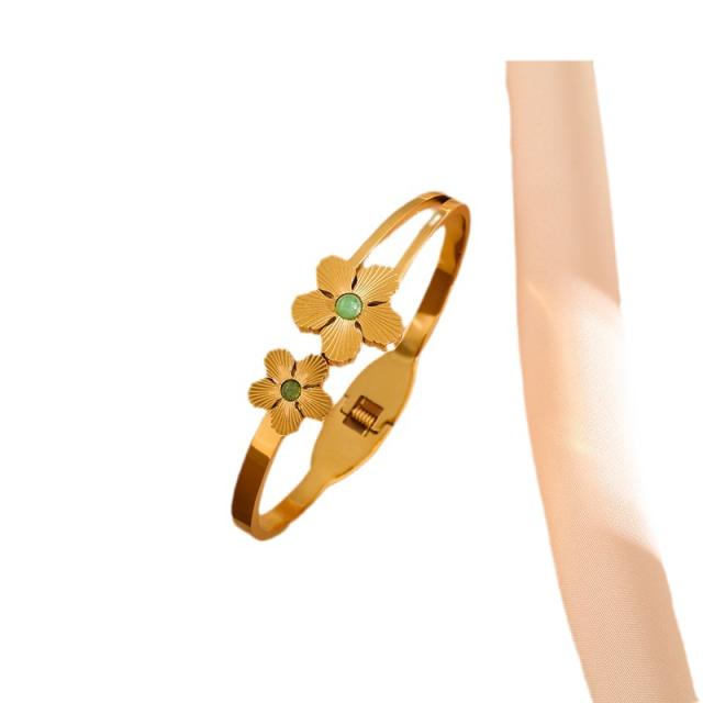 Vintage natural stone inlaid flower design stainless steel bangle bracelet