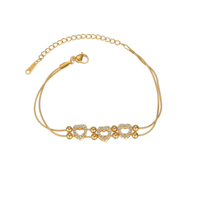 Delicate diamond clover heart two layer snake chain stainless steel bracelet