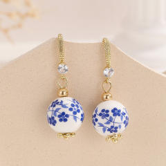 2025summer new blue white ceramics beads long earrings dangle earrings