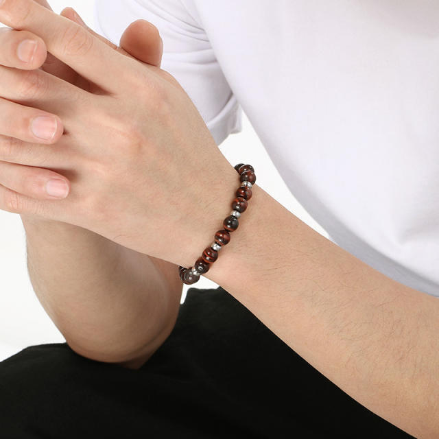 8mm natural stone bead stainless steel bead bracelet for men women