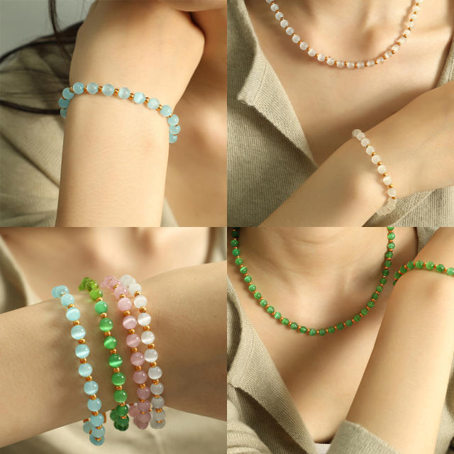 Colorful opal stone bead stainless steel bracelet
