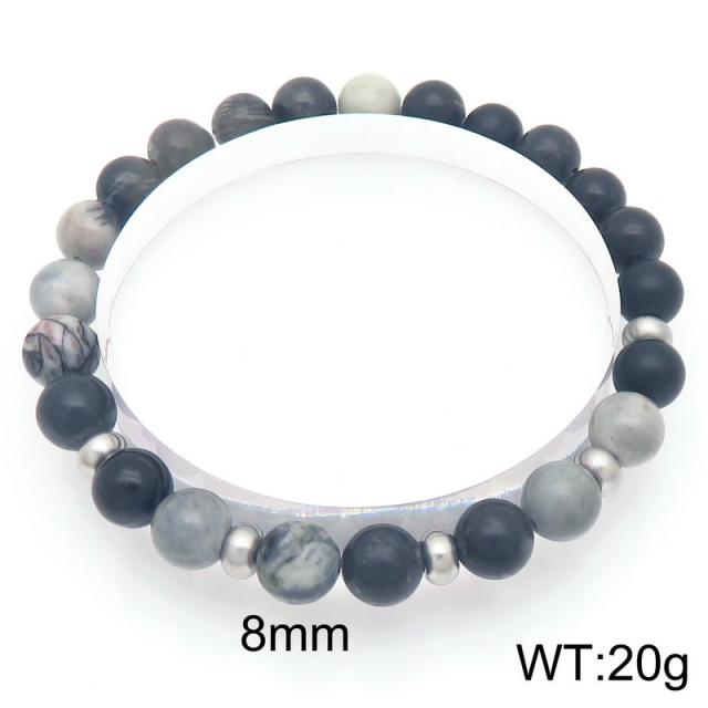 8mm natural stone bead stainless steel bead bracelet for men women