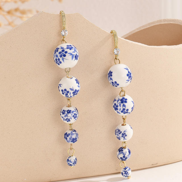 2025summer new blue white ceramics beads long earrings dangle earrings